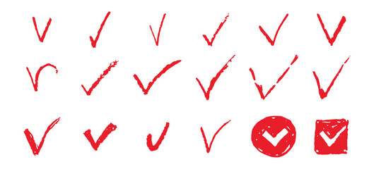 Set of check mark shapes. Red V handdrawn signs collection. Yes symbols for vote, quiz or survey. Simple choice icons. Check doodle mark child handwritten. Vector illustration isolated on white bg.