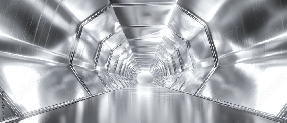 Poster a shimmering silver chrome tunnel features ribbed hexagonal walls and reflects glowing rays creating