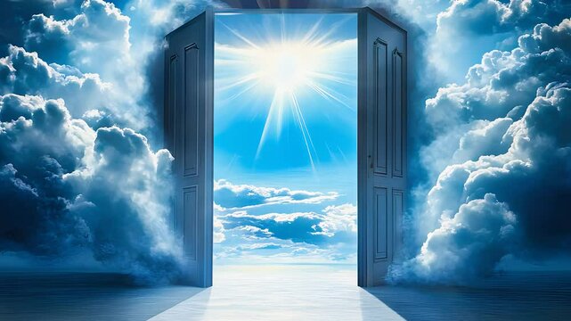 Bright open door to the sky with glowing sunlight, symbolizing hope, opportunities, and spiritual enlightenment in a heavenly scene.