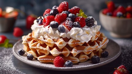 Freshly made Belgian waffles, warm and fluffy, topped with juicy berries and syrup, ideal for mouthwatering breakfast imagery.

