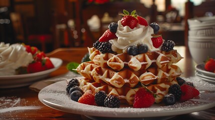 Warm and fluffy Belgian waffles with fresh fruit and syrup, creating a delightful breakfast scene that looks absolutely delicious.

