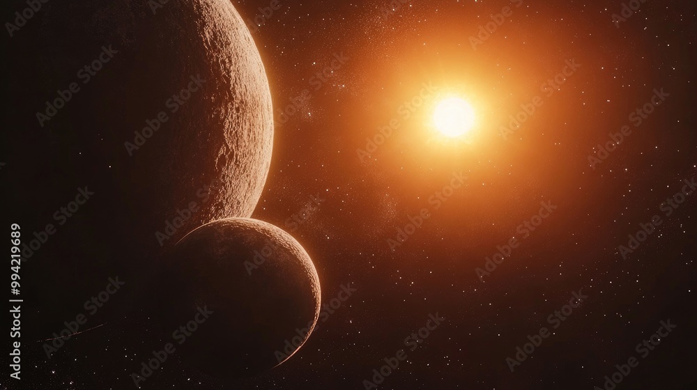 Poster close up of two planets in space with a distant sun emerging from behind fantasy and sci fi composit