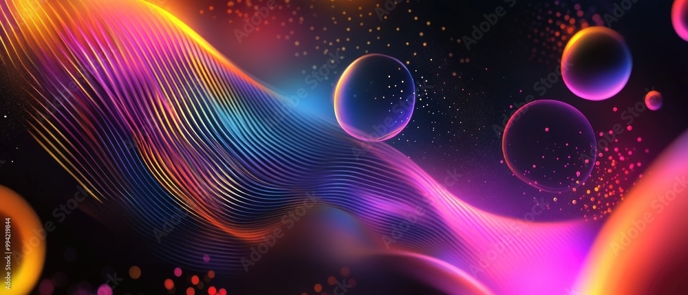 Poster futuristic abstract background featuring dynamic geometric shapes vibrant rainbow circles and stripe