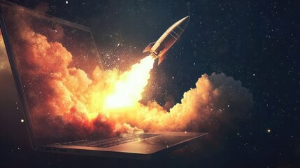 illustration of a rocket flying from the laptop screen