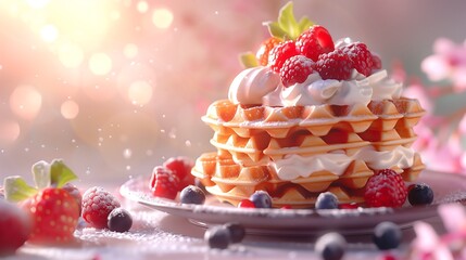 A stack of warm fluffy Belgian waffles topped with fresh berries, perfect for a delicious and inviting breakfast scene.

