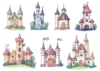 Obraz premium Hand drawn cartoon castle icons for a fairy tale featuring a whimsical design perfect for a princess theme game icon and charming magical kingdom illustration
