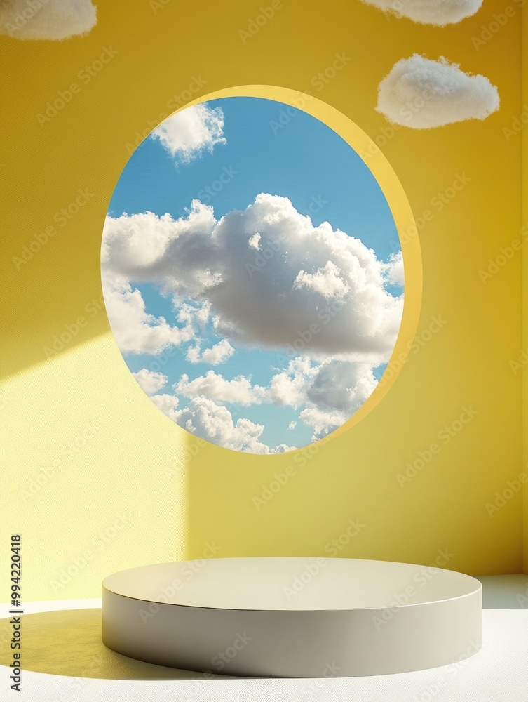 Poster fantasy 3d rendering of an abstract background featuring a blue sky view through a window on a yello