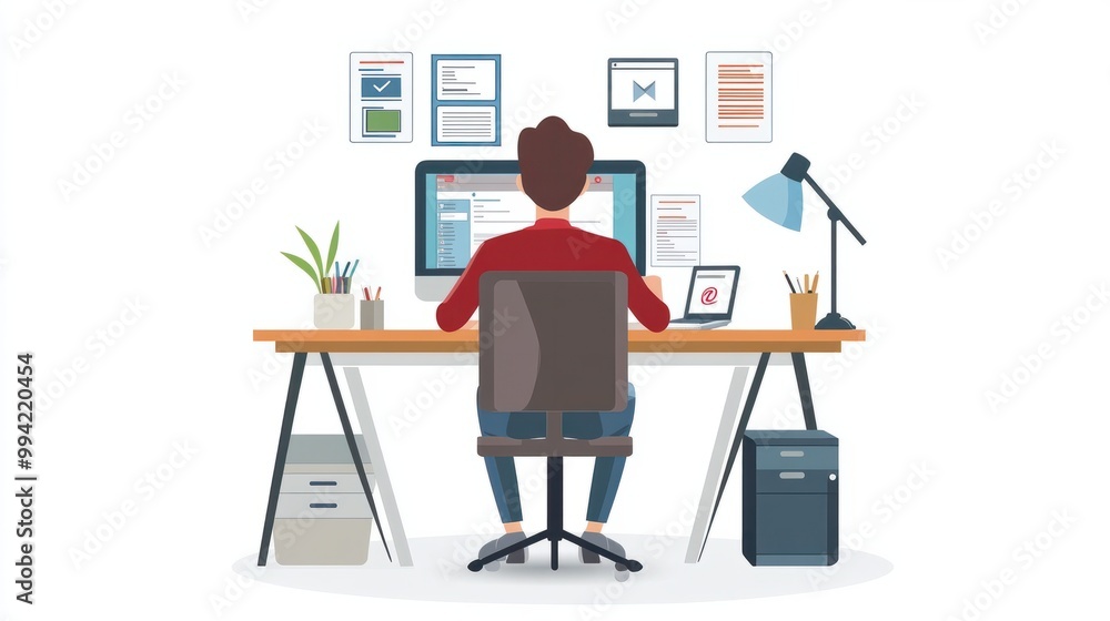 Poster man is sitting at his desk in front of the computer, creating an online profile with vector illustra