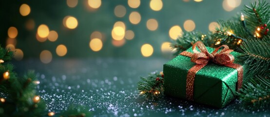 Green and red Christmas present with bow and festive decorations
