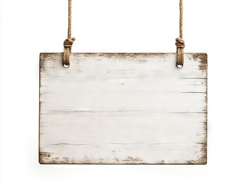 A wooden sign hanging on a rope on a white background