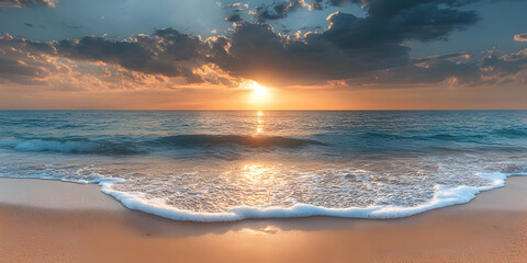Obraz premium Tranquil beach scene with golden sunset and gentle waves crashing on the shore