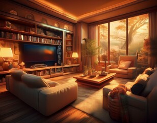 Very Cozy Living Room with Sofa and TV, Dim Lighting, Perfect for Chilling in Front of a Movie