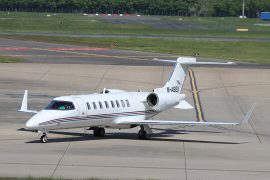 M-ABEU, Bombardier Learjet 45, operated by Ryanair to transport crew and staff, arriving at London Stansted Airport, Essex, UK  on 4 May 2024