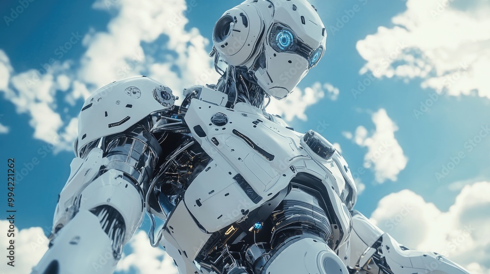 Poster futuristic sci fi robotic exoskeleton suit featuring a human operator a large mechanical robot mimic