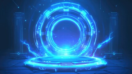 Neon blue hologram portal depicting a magical fantasy circle teleport podium with a holographic effect featuring futuristic teleport designs and a healing aura in a 2D cartoon style