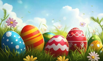 Fototapeta premium Festive Easter card featuring colorful eggs and ample space for your message 2D cartoon design