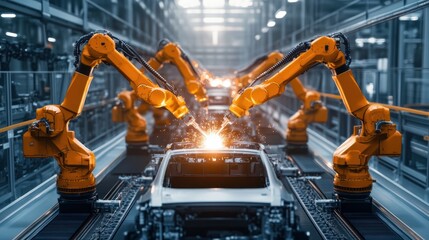 Multiple robotic arms engaged in assembly and welding processes on a car production line in a modern automotive factory.