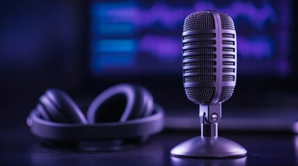 Minimalistic microphone and headphones on a desk for recording on Podcast Day