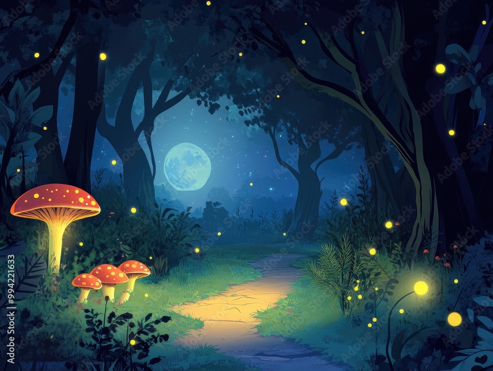 Poster enchanting night forest scene featuring trees lining a path illuminated by glowing mushrooms and glo