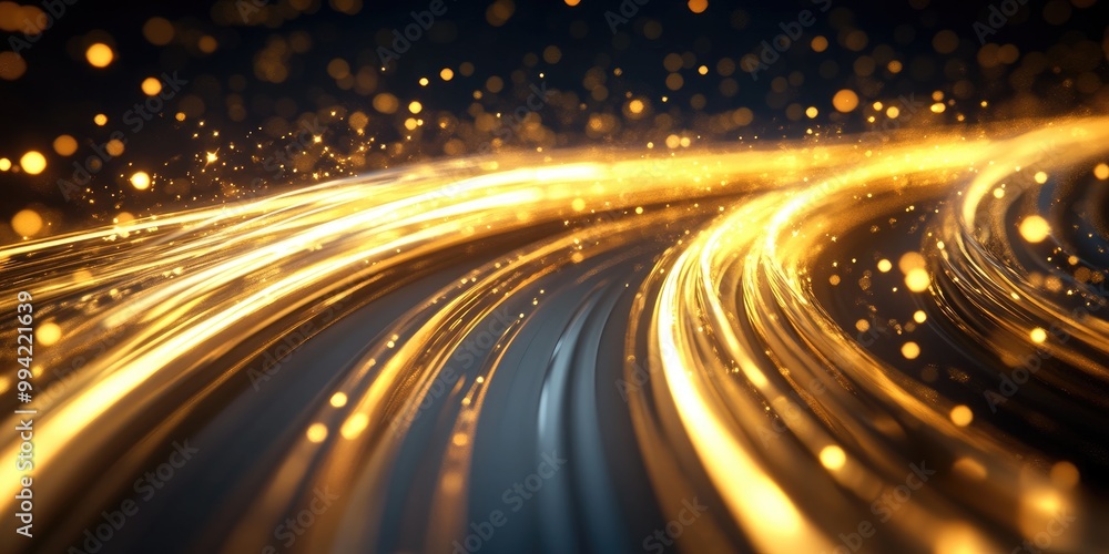 Poster abstract light trails of high speed motion featuring sparkles and golden hues glowing curves and dyn