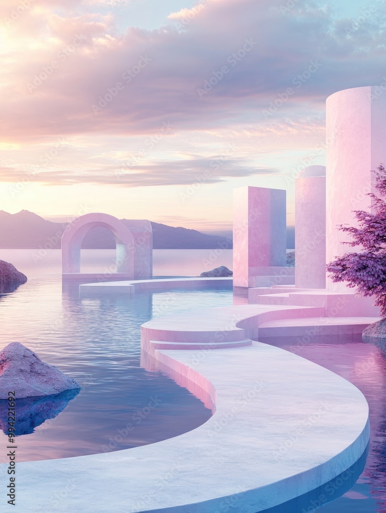 Poster surreal 3d render featuring an abstract pastel landscape with architectural elements geometric shape