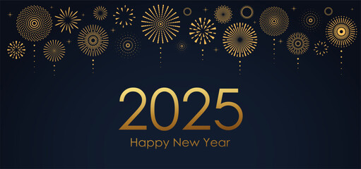 2025 New Year Abstract golden fireworks and golden gradient numbers on dark blue background
