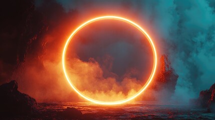 Neon circular frame surrounded by a smoky haze featuring a glowing orange fire ring A vibrant illuminated night setting evokes a futuristic portal in a 2D cartoon style
