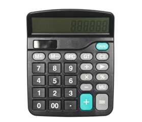 Black office calculator isolated on white, top view