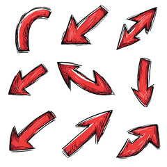 Hand-Drawn Bold Red Arrows Icon Set with Curved Tails for Directional Use (Up, Down, Left, Right, Diagonal) PNG