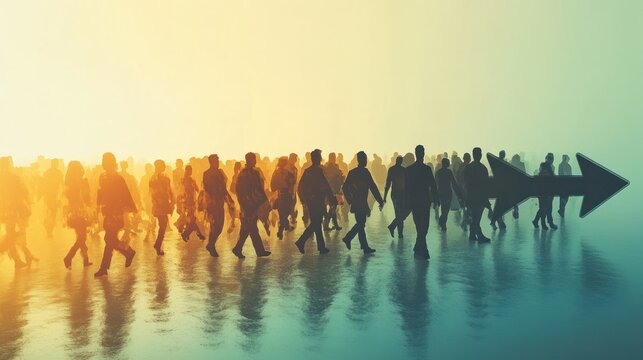 Silhouettes of people walking in the shape of an arrow, crowds moving forward Generative AI