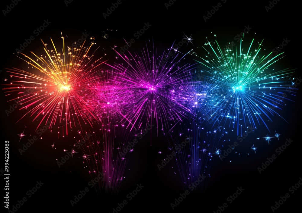 Poster Vibrant multicolored fireworks display with shimmering stars and sparkling effects