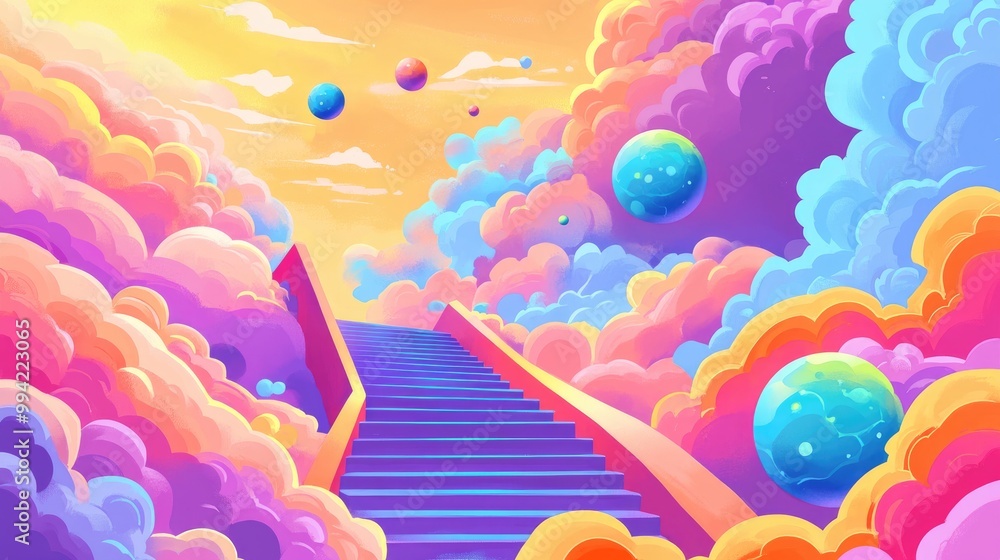 Aufkleber Surreal 2D cartoon illustration featuring vibrant psychedelic clouds and spheres rolling down a ramp designed for web UI applications with a flat line concept on a white background