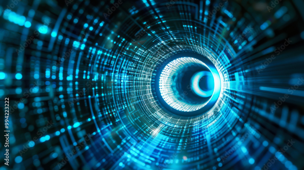 Poster dynamic blue digital tunnel visualizing data flow through a futuristic network environment