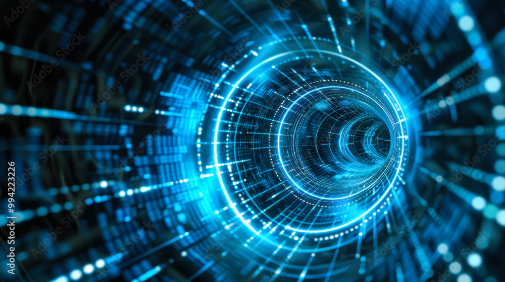 Poster dynamic blue digital tunnel visualizing data flow through a futuristic network environment
