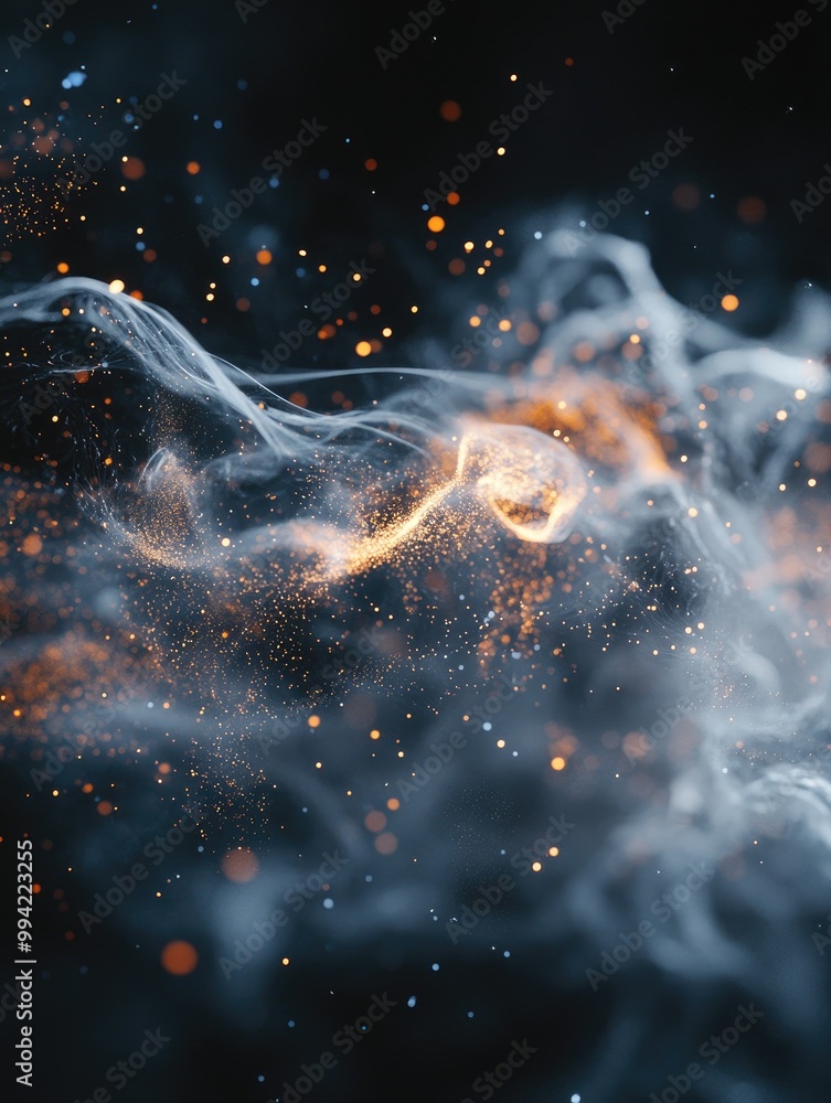 Poster fantasy 3d model render showcasing a particle system with dynamic physics on a deep black background