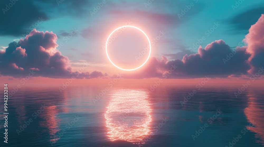 Poster 3d rendering of a fantasy background featuring a glowing neon ring and white cloud above tranquil wa