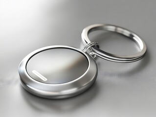 A silver metal keychain with a key ring on a gray surface
