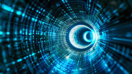 Dynamic blue digital tunnel visualizing data flow through a futuristic network environment