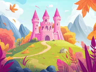 Fototapeta premium Pink fairy tale castle nestled in a mountain valley 2D cartoon illustration depicting a colorful autumn landscape with a whimsical palace featuring towers green grass vibrant leaves and distant roc