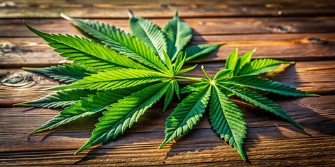 Naklejka premium Fresh Green Cannabis Leaves Displayed on a Wooden Surface with Soft Natural Lighting and Shadows