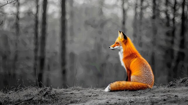 Vibrant Orange Fox in Gray Forest: Striking Isolated Color Pop in Monochrome Landscape