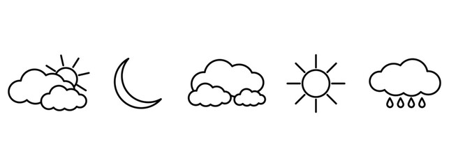 Obraz premium Weather linear icons set. Meteorological symbols. Sunny, cloudy, rainy. Vector illustration