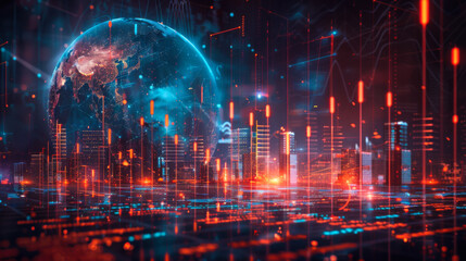 Fototapeta premium Futuristic city skyline illuminated by vibrant data streams and a glowing Earth against a digital backdrop at night