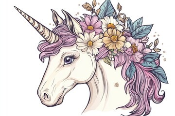 Beautiful unicorn head adorned with a crown of flowers and leaves