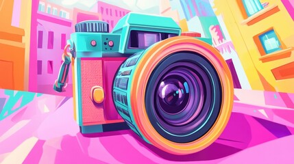 Obraz premium Bright and whimsical camera shutter design in a stylized 2D cartoon illustration