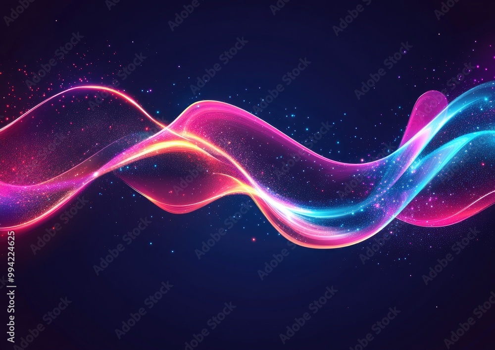 Poster glowing abstract wave in a dark shimmering motion creating a magical space light effect 2d cartoon t