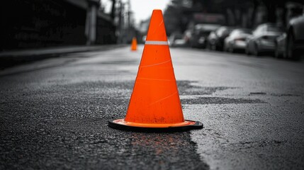 Vibrant Orange Traffic Cone Contrasting with Gray Street Background