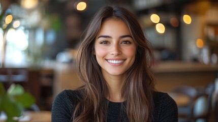 a smiling woman enjoying the urban cafe lifestyle, captured in a portrait in a cozy and warm coffee shop setting, highlighting relaxation and happiness in a casual atmosphere