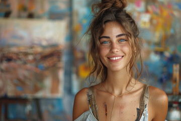 Fototapeta premium A joyful young artist stands confidently in her workshop studio, surrounded by a variety of portrait backgrounds, showcasing her vibrant and creative environment as she poses with a smile.