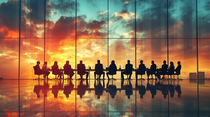 a group of diverse corporate leaders gathered in a modern boardroom for a collaborative team meeting to discuss strategy, business decisions, and company growth